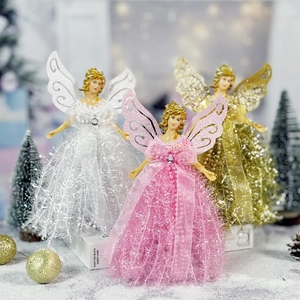 Christmas Angel Doll Tree Topper Standing Ornament Glitter Wings Mesh Dress Festive Holiday Home Desktop Decoration