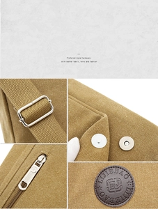 Detail view of khaki canvas bag with premium metal hardware and adjustable shoulder strap buckle