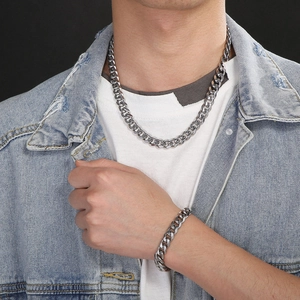 Ensemble collier et bracelet maille gourmette 11mm en acier titane argenté pour homme