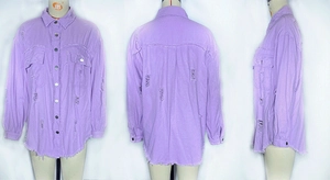 Detailed views of light purple denim jacket with distressed holes and frayed hems