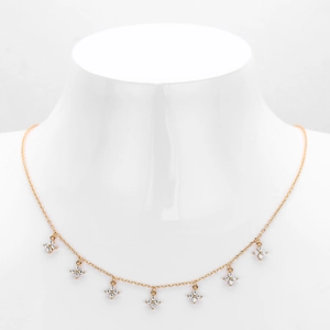 Detailed close-up of S925 silver necklace featuring seven zircon flower pendants on a model