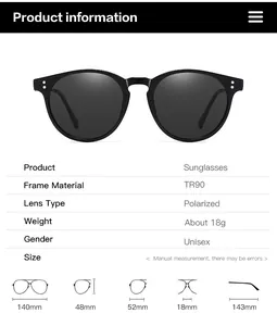 Detailed size chart for polarized TR90 sunglasses showing frame and lens dimensions