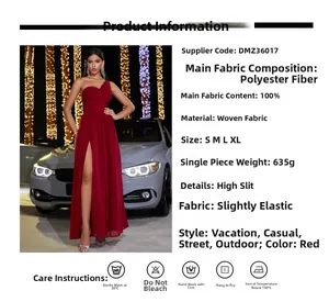 Detail of red one-shoulder evening dress with high slit design and pleated texture