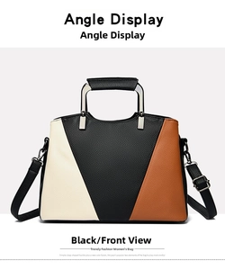 Front view of tricolor tote bag with U-shaped metal handles and lychee texture