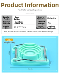 Detailed specs of the 10.5x7.5x3cm mint green egg slicer with stainless steel wires