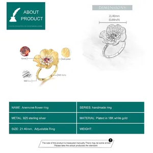Luxurious S925 sterling silver anemone flower open ring featuring natural garnet stone