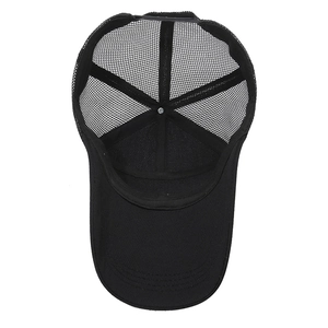 All-black breathable mesh trucker hat with long brim and adjustable snapback closure