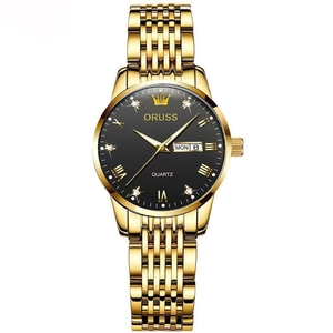 Golden stainless steel quartz watch with black dial and luminous calendar display