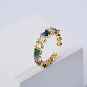 18K gold plated open ring featuring rainbow heart-shaped cubic zirconia stones