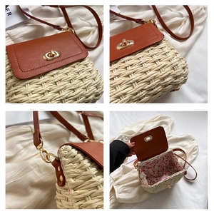 Detail shots of straw crossbody bag with brown leather flap and floral fabric lining