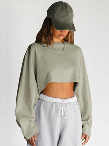 Women's sage green cropped long sleeve sweatshirt with round neck and ribbed details