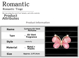 Car vent clip air freshener with pink rhinestone butterfly design and dimensions chart