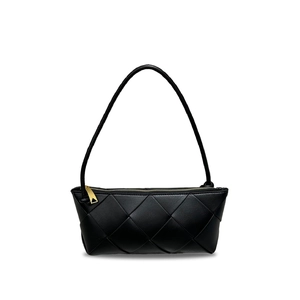 Close-up of black woven leather texture and elegant gold zipper on crossbody bag