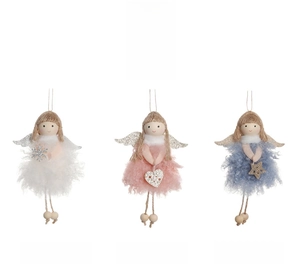 Detail showing white, pink, and blue plush angel ornaments with wooden heads and glittery wings