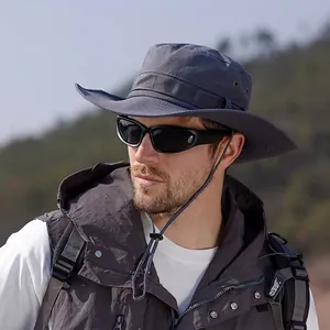 Outdoor Boonie Hat Wide Brim Sun Protection Nylon Breathable Bucket Hat With Adjustable Windproof String