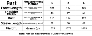 Size chart for women double breasted wool coat showing length, bust, and sleeve measurements