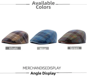 Detailed comparison of three vintage wool blend flat caps in khaki, blue and green plaid