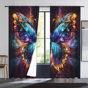 Detail of 3D digital printed butterfly curtains with starry sky and flame patterns