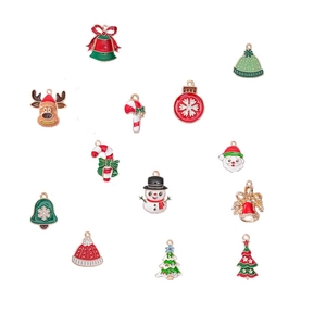 Set of 12 festive Christmas alloy enamel charms including bells, elks and snowmen