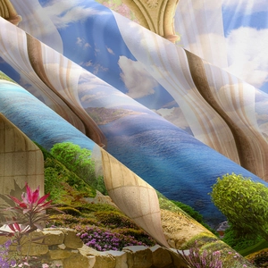 Close-up of Mediterranean landscape wall tapestry showing fabric texture and vibrant print
