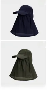 Detail of outdoor sun hat with mesh breathable mask and protective neck flap and sport logo