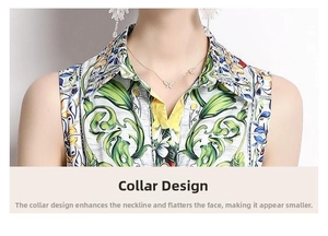 Détail du col à revers et imprimé floral feuillage sur robe vintage française sans manches