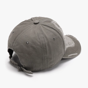 Army green distressed baseball cap with vintage frayed details and adjustable strap back