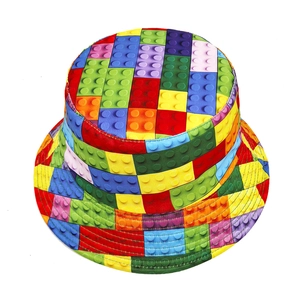 Colorful building block print reversible bucket hat for women made of durable canvas fabric