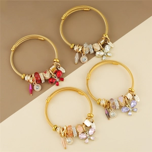 Butterfly Crystal Charm Bangle Stainless Steel Adjustable Beaded Twisted Cable Bracelet Fashion Jewelry For Women