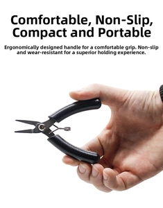 Close-up of handheld mini needle-nose pliers with ergonomic black non-slip handles