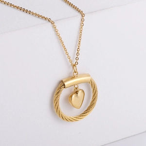 Minimalist gold titanium steel heart and twisted circle layered pendant necklace for women