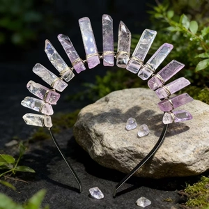 Pink and purple gradient raw crystal crown headband with golden wire wrap for women