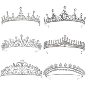 Detail showing six styles of silver crystal flower headbands with rhinestones and pearls