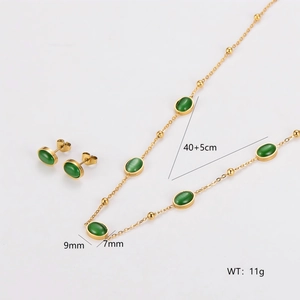 Vintage green oval emerald stainless steel jewelry set including necklace and stud earrings