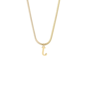 Close-up of a 18K gold stainless steel snake chain featuring a lowercase letter t pendant