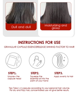 Visual guide for hair oil capsules showing before-after results and three-step application