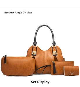 Four-piece brown vintage handbag set with embossed texture and gold hardware detailing