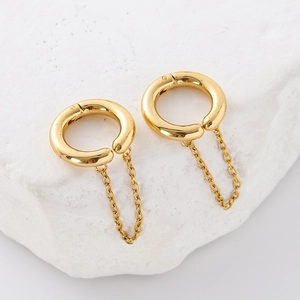 Modern gold plated stainless steel hoop earrings featuring stylish hanging chain tassels