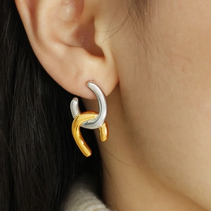 Minimalist geometric double loop intertwined earrings in gold and silver finish for women
