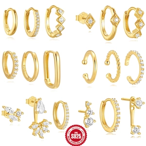 925 Sterling Silver Geometric Zirconia Hoop Stud Earrings For Women Minimalist Elegant Gold Plated Jewelry Accessories