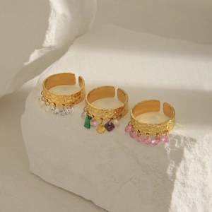 18K gold plated stainless steel open rings with colorful zircon gemstone tassels