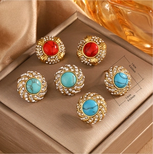 Detail of 1.6cm vintage 18k gold-plated earrings with turquoise, red stone and rhinestones