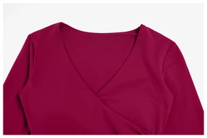 Detail of V-neck wrap design on rose red brushed yoga set with high-density fabric