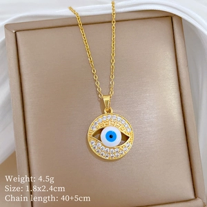 Detailed size and weight specs for gold evil eye pendant necklace with rhinestones
