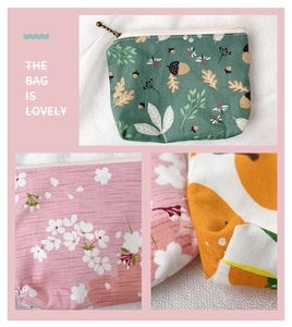Detailed view of mini fabric purses with floral prints, metal zippers, and bead chains