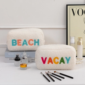 Plush teddy fleece makeup bag set with colorful BEACH and VACAY embroidery and zipper
