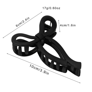 Matte black bow hair claw clip with detailed size dimensions for elegant hair styling