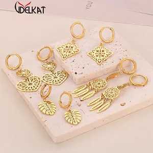 Boho Edelstahl Creolen Ohrhänger Für Damen Herz Monstera Blatt Traumfänger Feder Vintage Goldener Schmuck