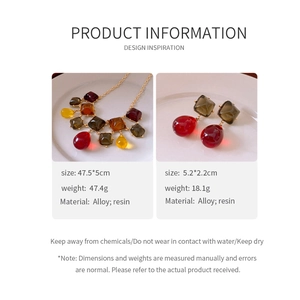 Detail view of square resin pendant necklace and earrings set with alloy frame