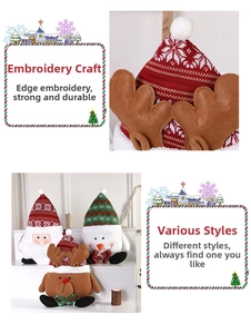 Close-up of embroidery on Christmas plush toys including Santa, snowman and reindeer